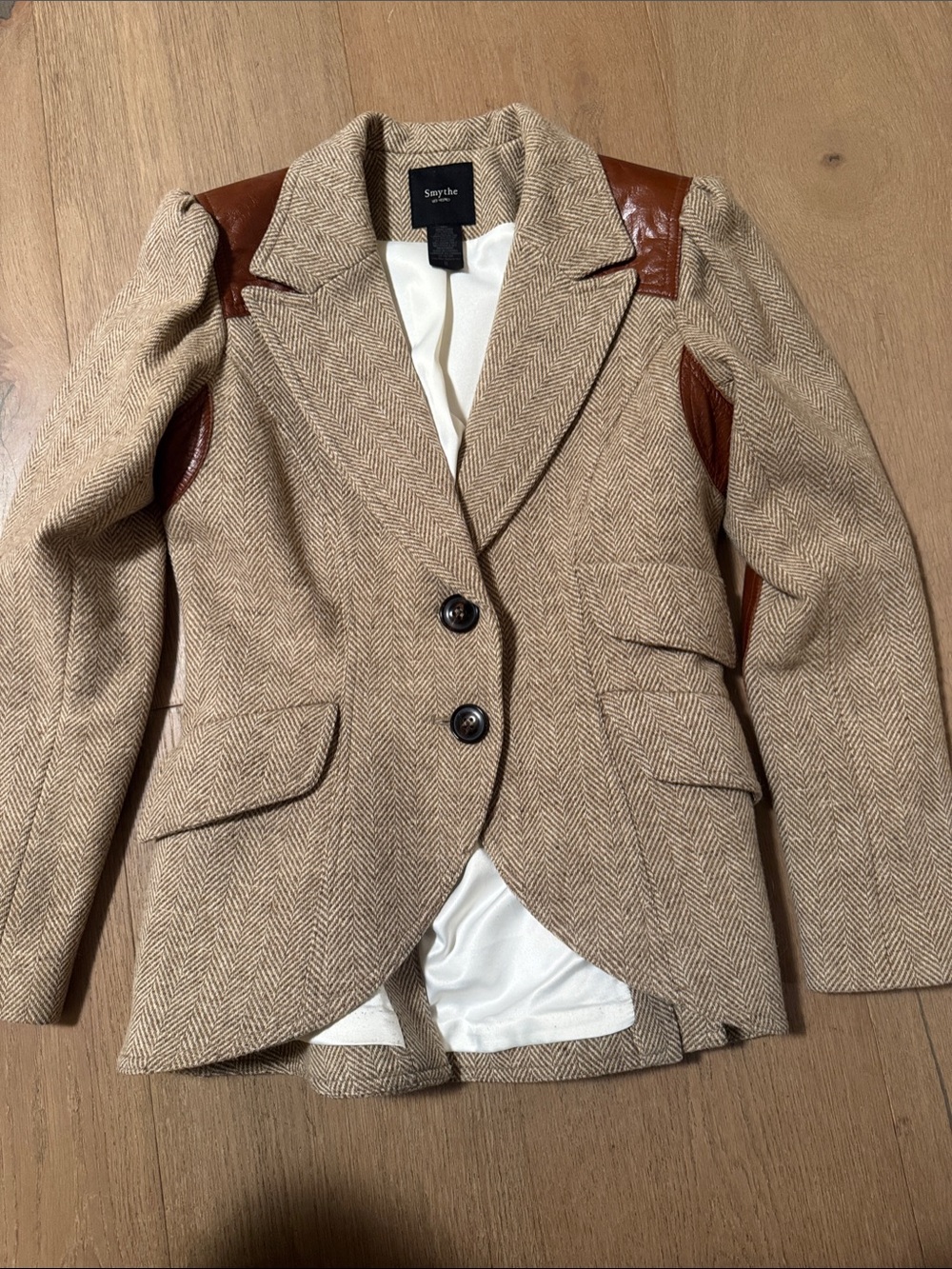 Smythe Tan Herringbone Blazer with Brown Leather Accents